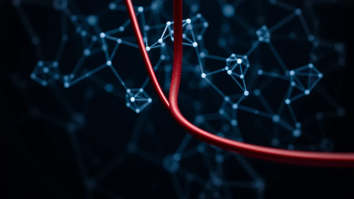 Illustration: A thick red cable snaps through a translucent neural network mesh, severing the flow of glowing data streams.