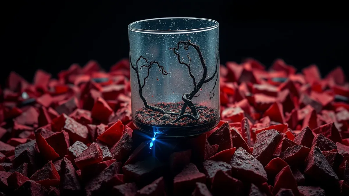 Illustration: A translucent cylindrical container floats above a chaotic tangle of jagged red shards.