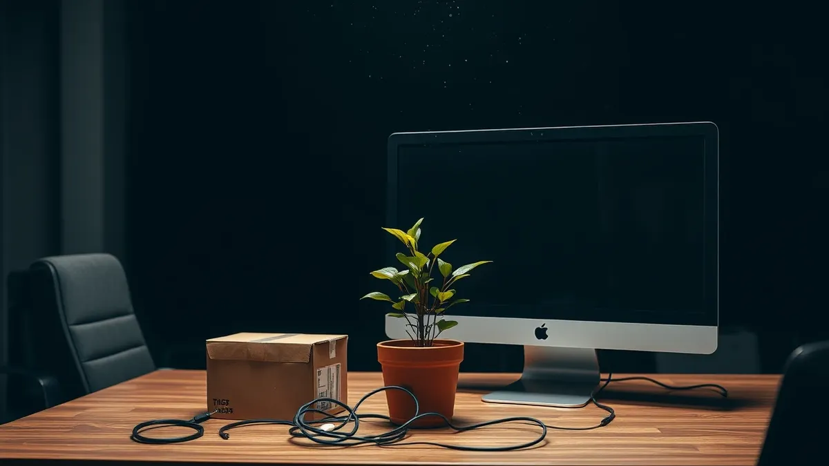 Illustration: A darkened office with empty chairs and dust motes hanging in the air.