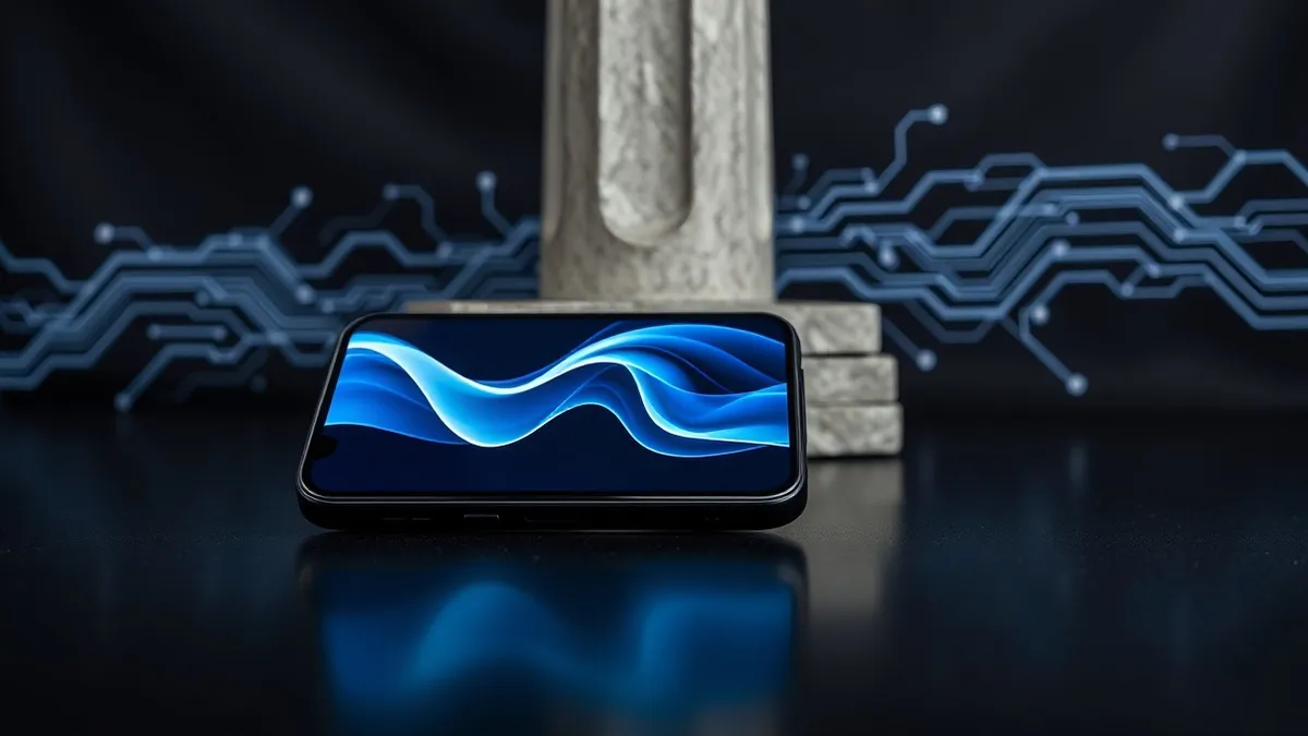 Illustration: A sleek black smartphone rests on a polished desk, its screen displaying abstract flowing waves of blue light.