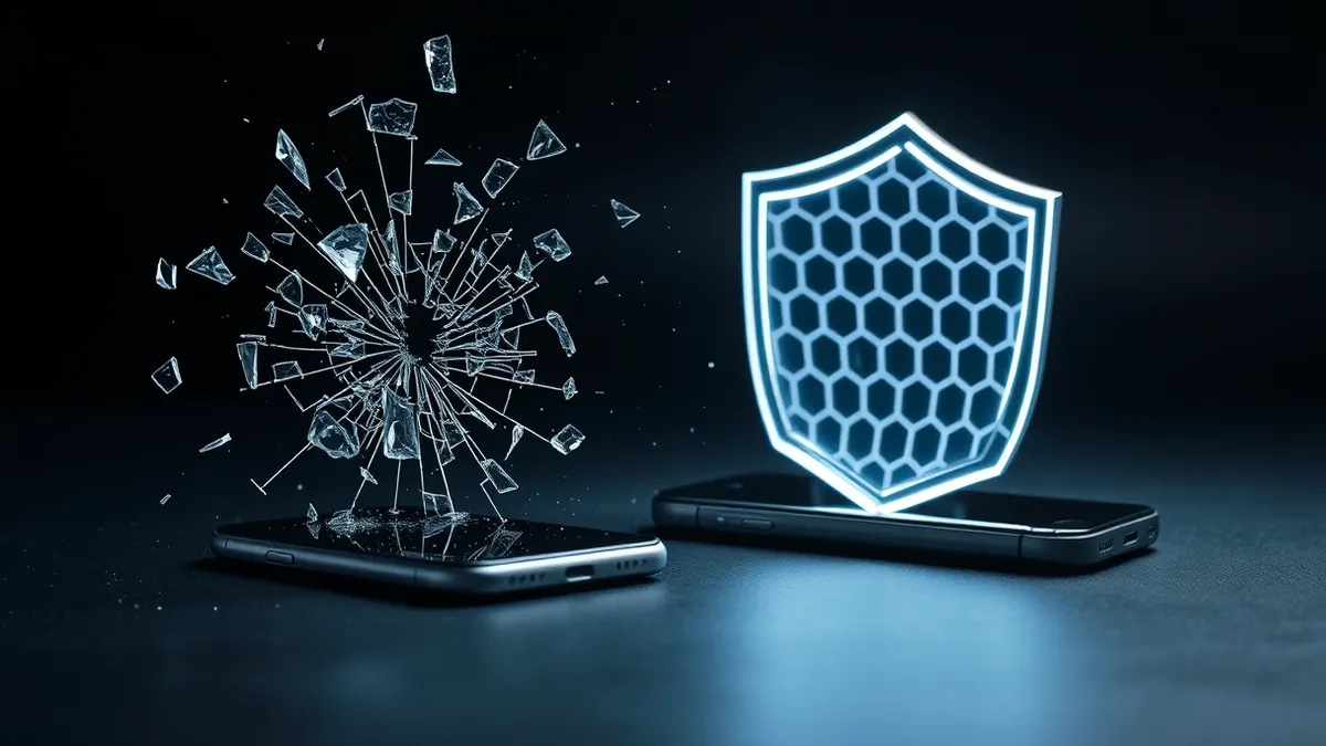 Illustration: A cracked smartphone screen displays fragmented geometric shards drifting into the air, while a sleek, intact device beside it glows with a seamless, interlocking hex