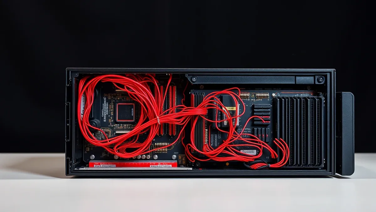 Illustration: A sleek black server blade sits open on a white workbench, its internal circuitry exposed to reveal a tangled mess of glowing red wires and fractured circuit traces, 