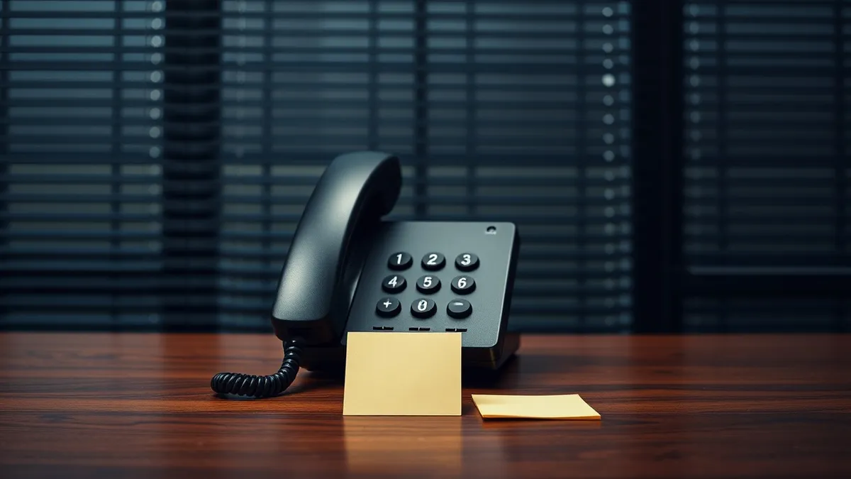 Illustration: A modern office desk holds a ringing landline phone receiver lifted from its cradle.