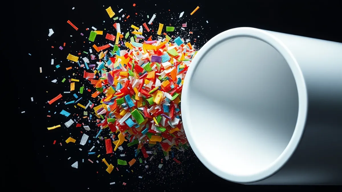 Illustration: A chaotic stream of colorful, jagged shards crashes into a sleek, smooth white funnel that narrows into a clean output tube.