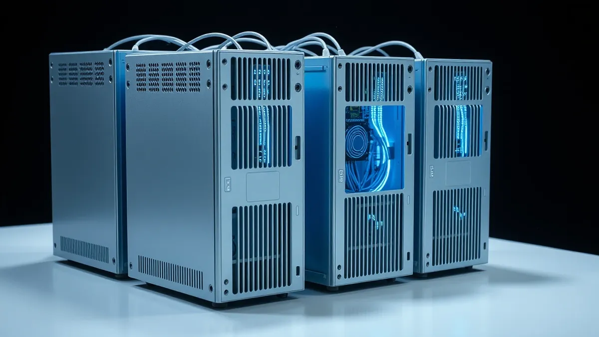 Illustration: Four silver workstation towers sit closely together on a white table, their rear ventilation grilles facing outward.