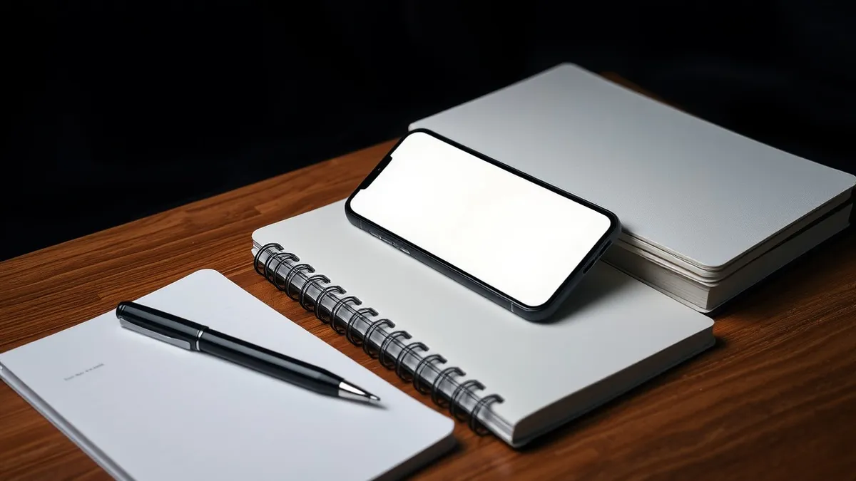Illustration: A sleek smartphone rests on a wooden desk beside a stack of blank notebooks and a fountain pen.