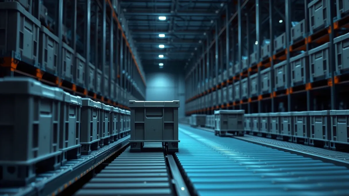 Illustration: A massive automated warehouse aisle glows with soft blue light as robotic arms swiftly sort identical gray supply crates onto moving conveyor belts, highlighting the