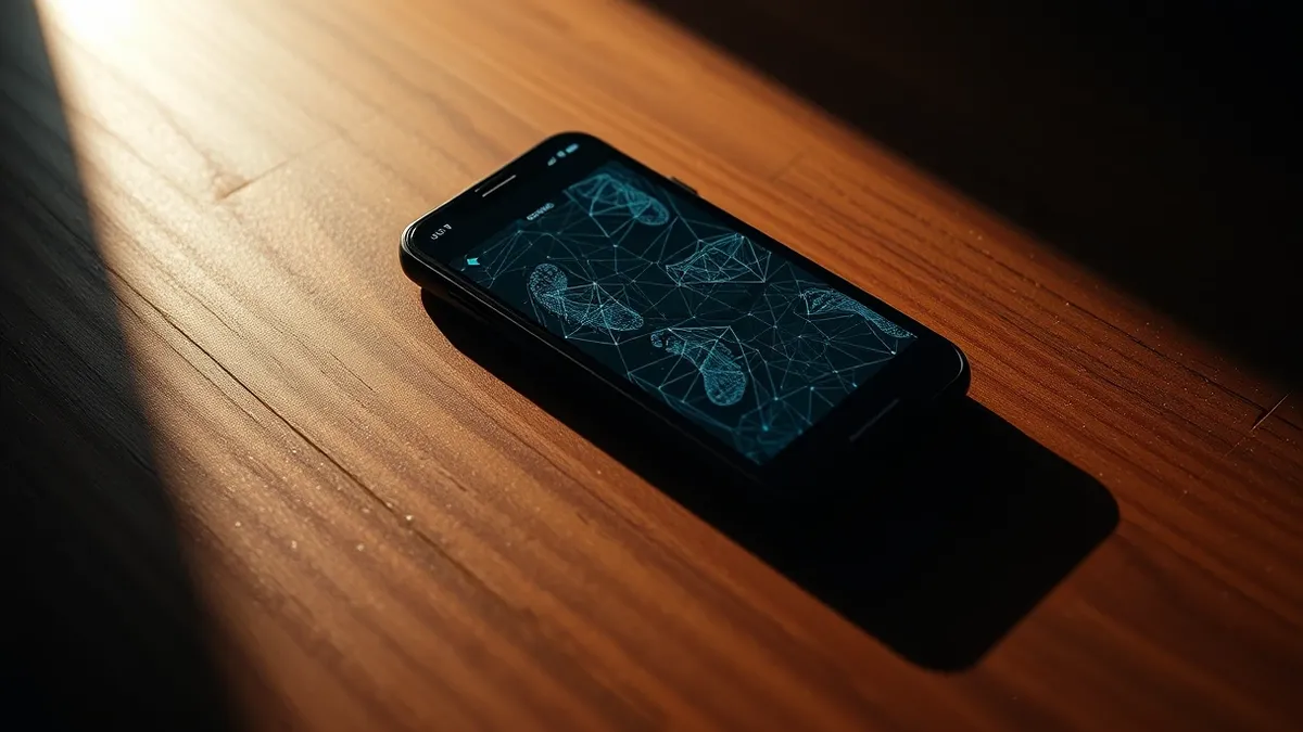 Illustration: A smartphone rests on a wooden surface, casting a shadow of intricate digital footprints and behavioral trails across the floor.