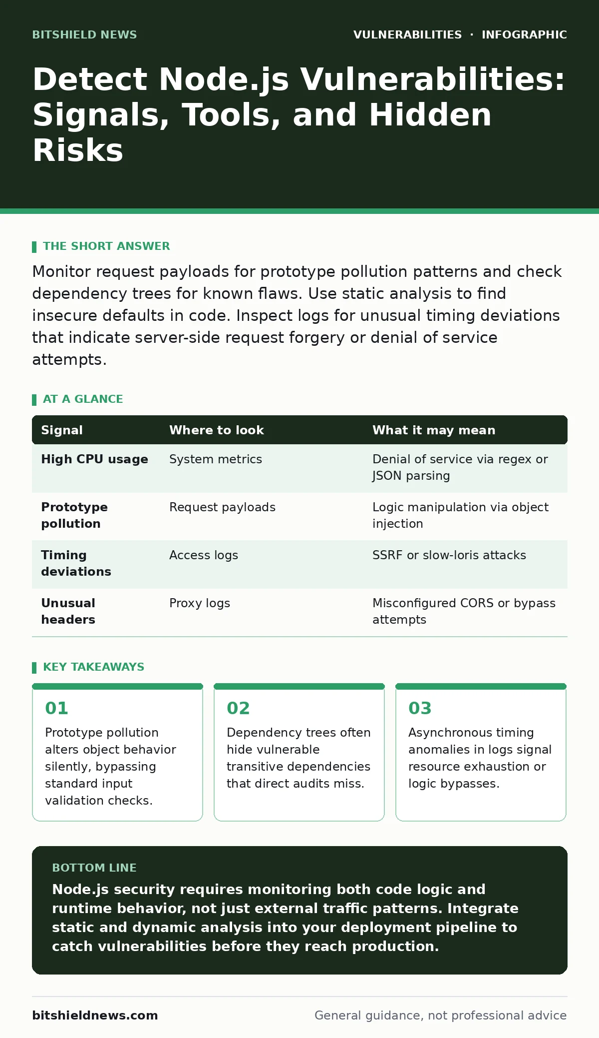 Infographic: Detect Node.js Vulnerabilities: Signals, Tools, and Hidden Risks. Prototype pollution alters object behavior silently, bypassing standard input validation checks. Dependency trees often hide vulnerable transitive dependencies that direct audits miss. Asynchronous timing anomalies in log