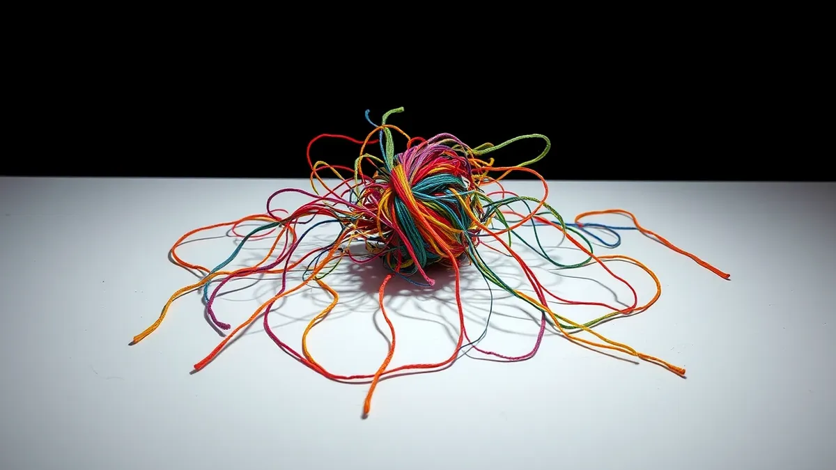 Illustration: A tangled knot of colorful yarn threads forms a chaotic web on a clean white desk surface, illustrating complex asynchronous connections and hidden structural weaknes