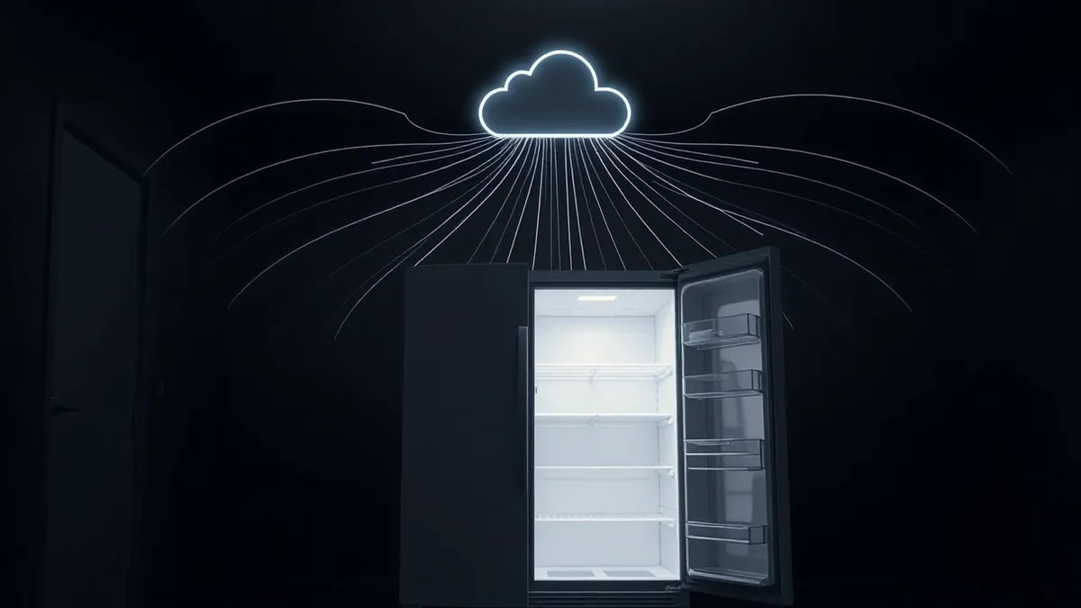Illustration: A smart refrigerator door stands slightly ajar in a dimly lit kitchen.