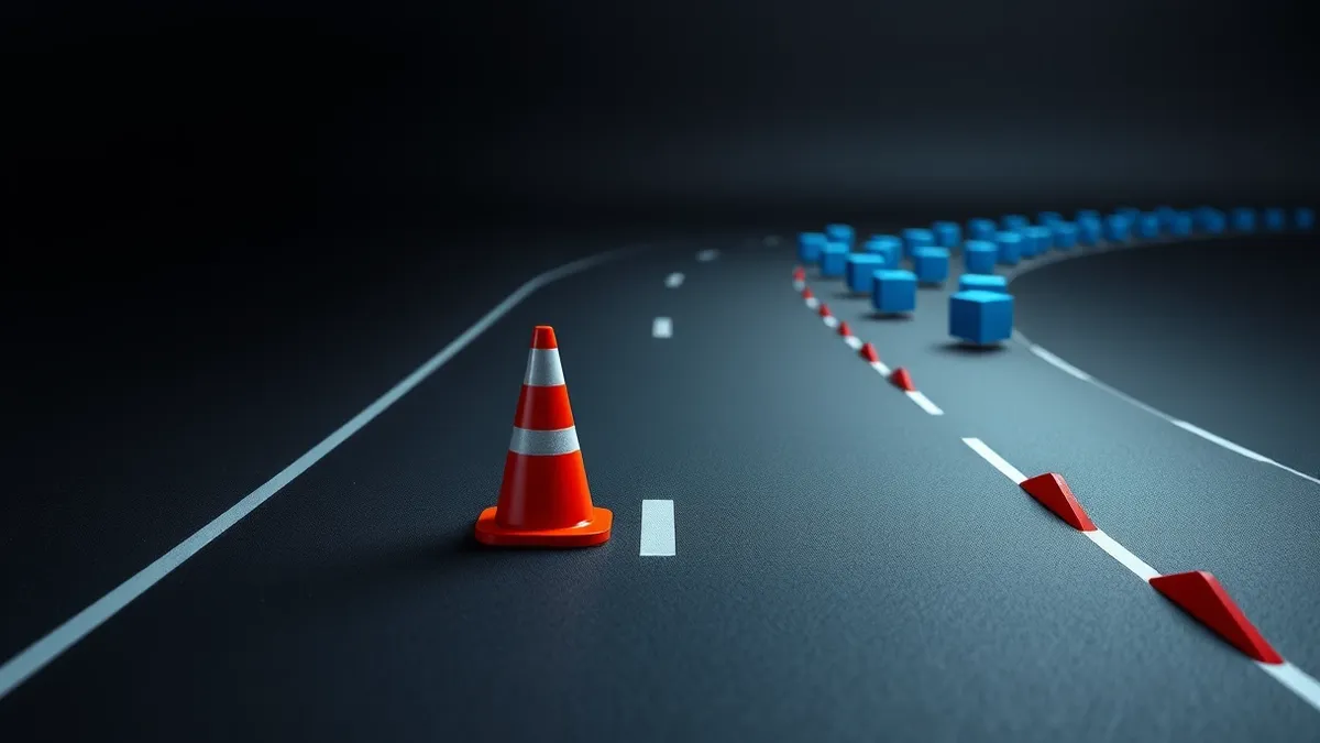 Illustration: A traffic cone sits in the middle of a smooth digital highway, slowing down a steady stream of identical blue cubes while jagged red shapes bypass the obstacle entire