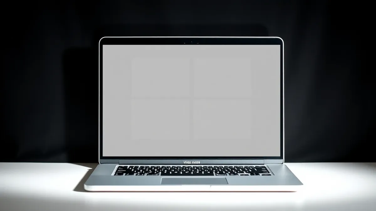 Illustration: A blank laptop screen displays a minimalist grid of four empty rectangular frames arranged in two rows.