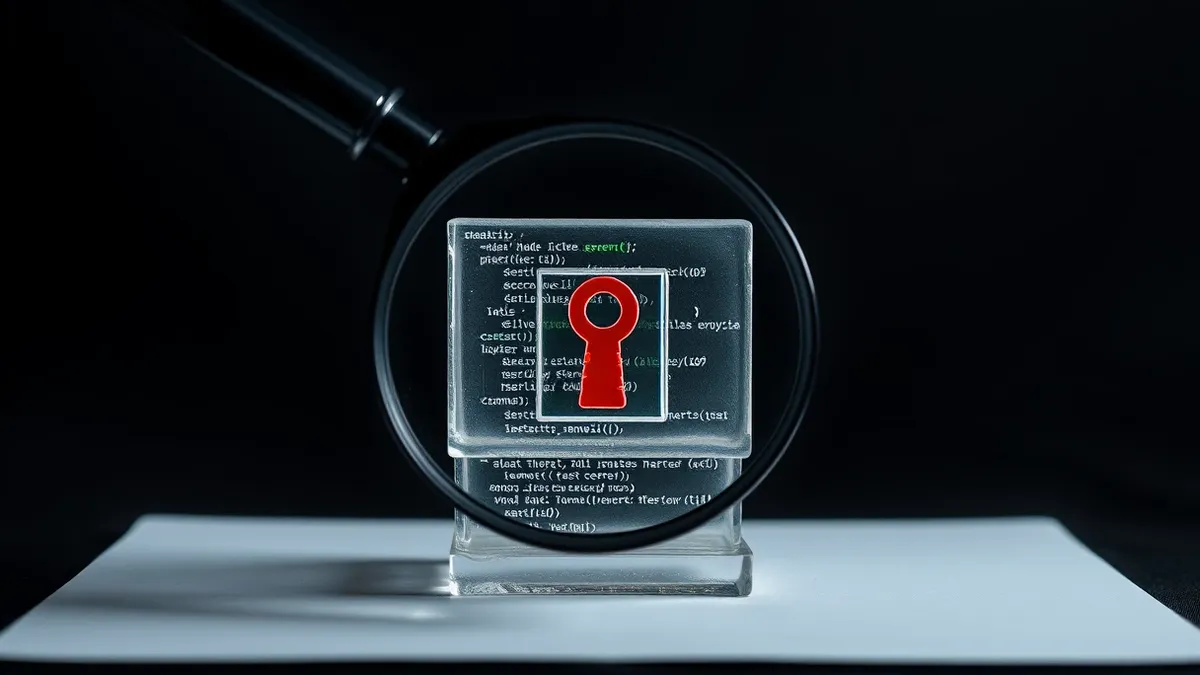 Illustration: A magnifying glass hovers over a stack of translucent, layered code blocks.