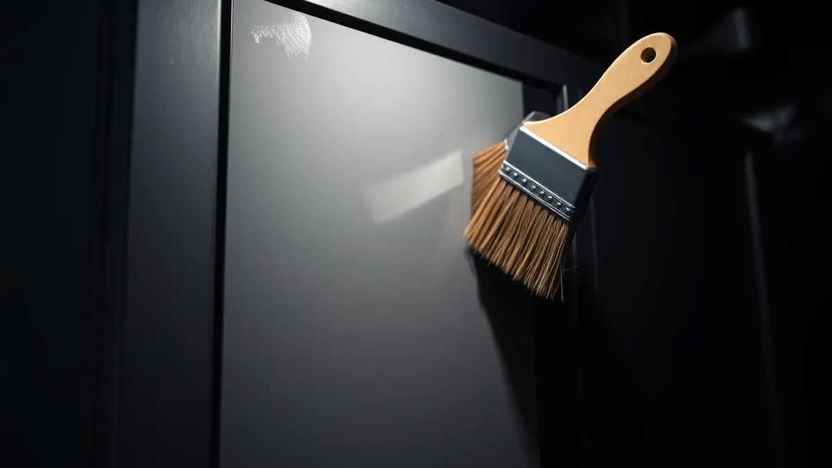 Illustration: A thick brush applies specialized gray paint to the side of a large, blank industrial server rack.