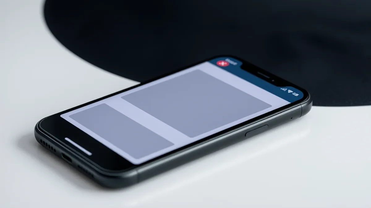 Illustration: A sleek black smartphone rests on a clean white table, its screen displaying a blank webpage with large gray rectangular placeholders where advertisements would norma