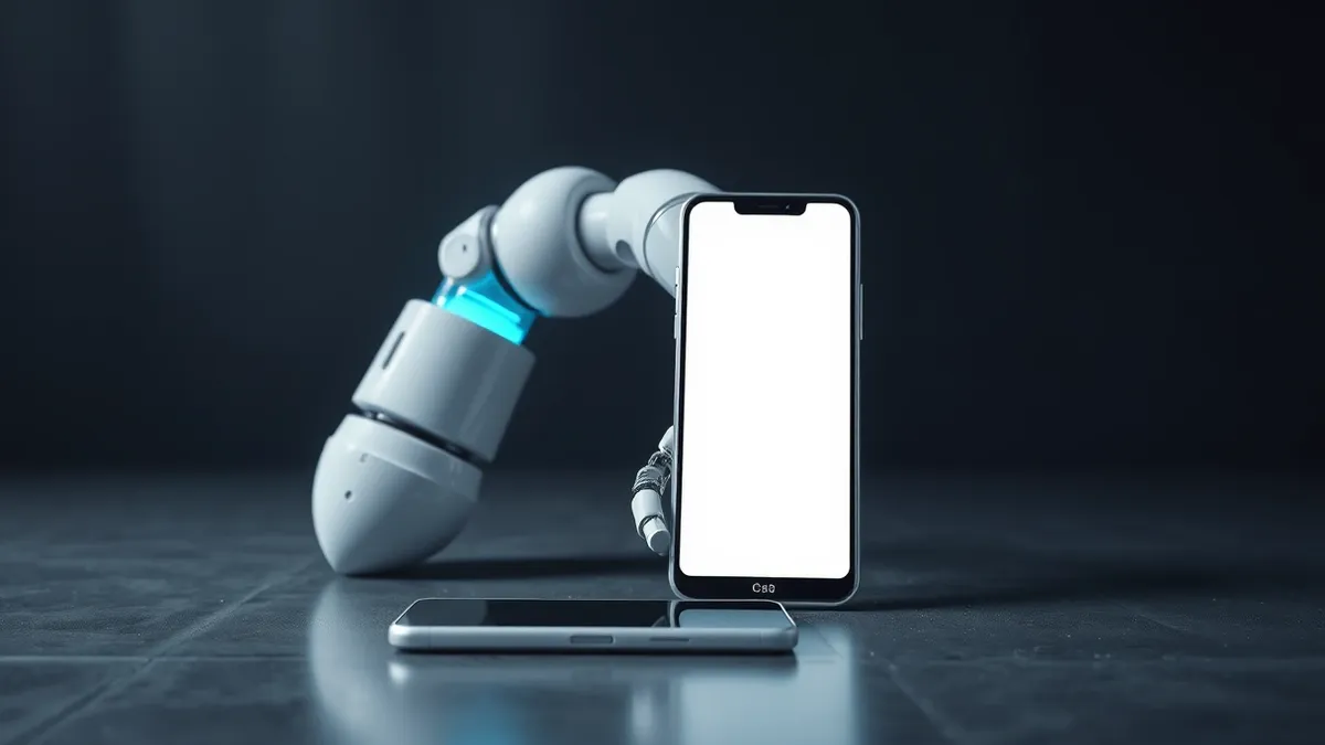 Illustration: A white industrial robot arm rests on a clean factory floor beside a blank mobile device.