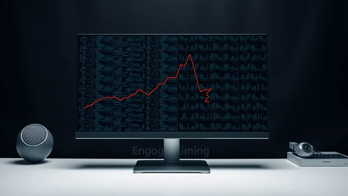Illustration: A sleek desktop computer monitor sits on a clean desk, displaying a dark interface filled with dense rows of abstract grey and green data bars.