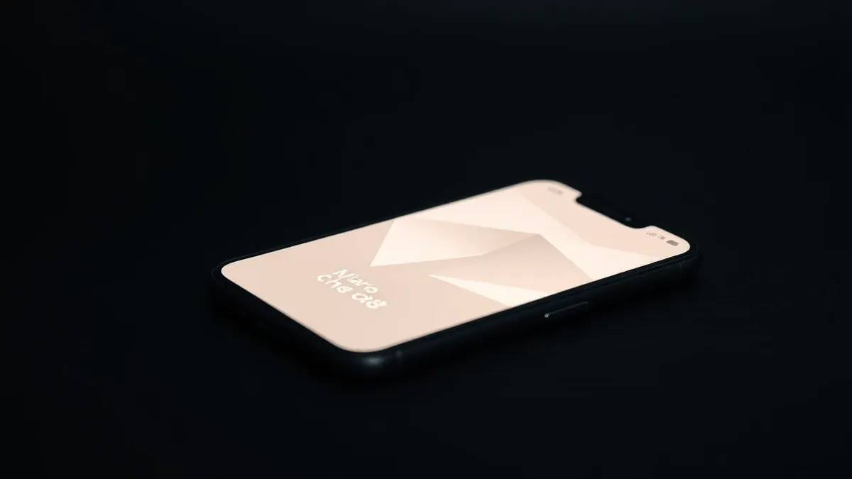 Illustration: A sleek smartphone rests on a wooden desk with its screen displaying a minimalist abstract interface of soft geometric shapes.