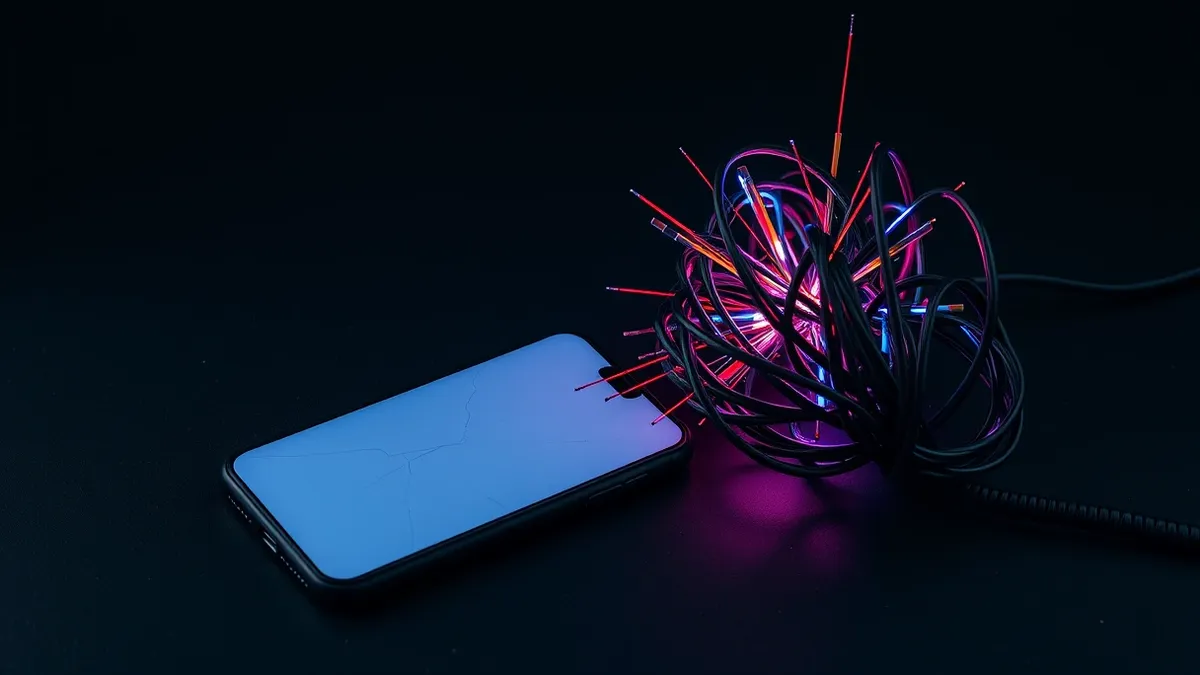 Illustration: A cracked smartphone screen lies beside a tangle of black coiled telephone wires.
