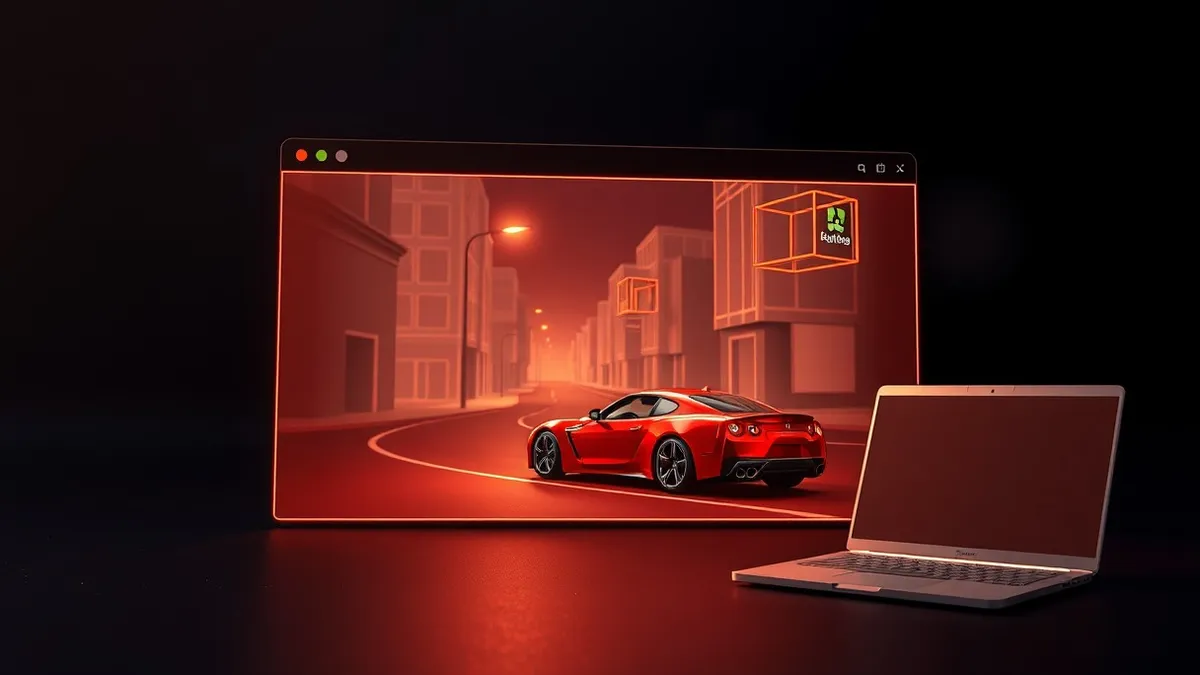 Illustration: A glowing browser window displays a low-poly city street with a red sports car drifting around a corner, surrounded by floating wireframe cubes and abstract geometric
