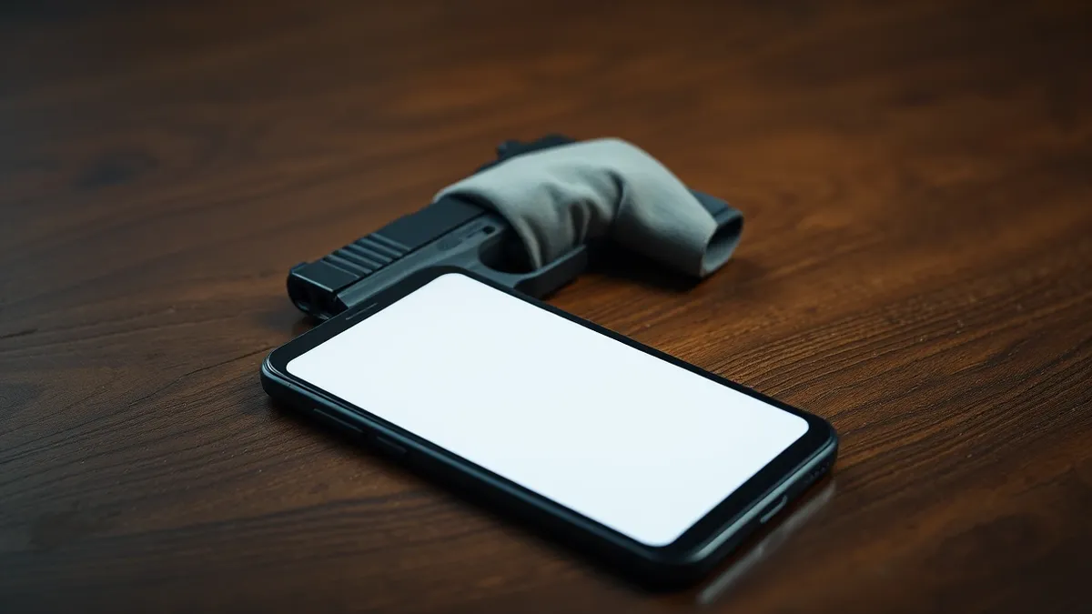 Illustration: A blank smartphone rests on a wooden table beside a concealed handgun wrapped in cloth.