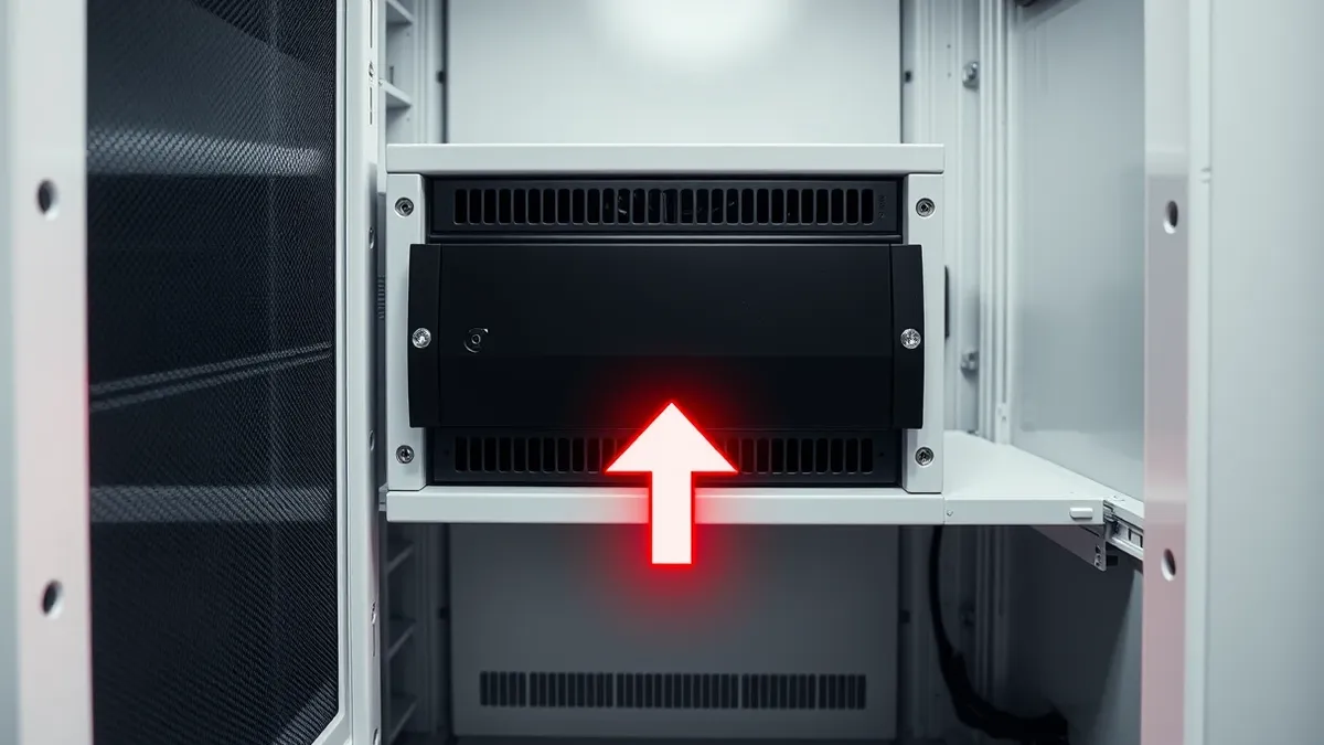 Illustration: A sleek black server blade sits inside a clean white rack, its front panel featuring a single blank status light.