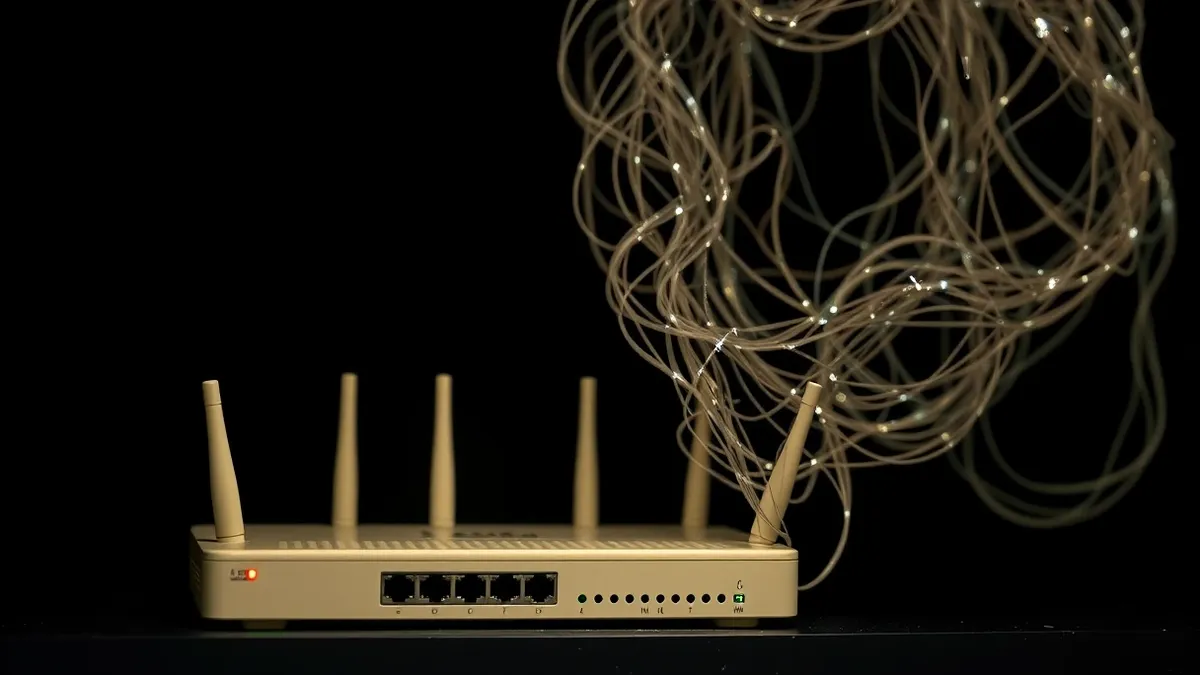 Illustration: A cluster of beige network routers sits on a dark shelf, their status lights blinking rhythmically in red and green.