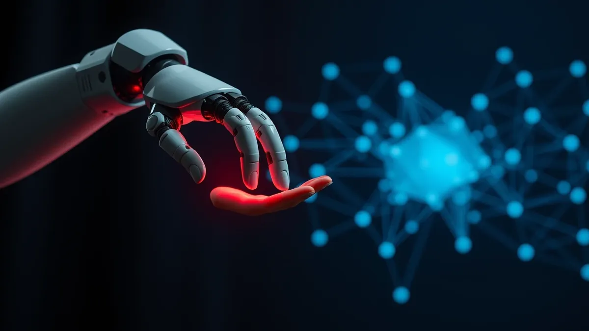 Illustration: A robotic arm hovers over a digital network map, its fingers poised above a glowing red node.