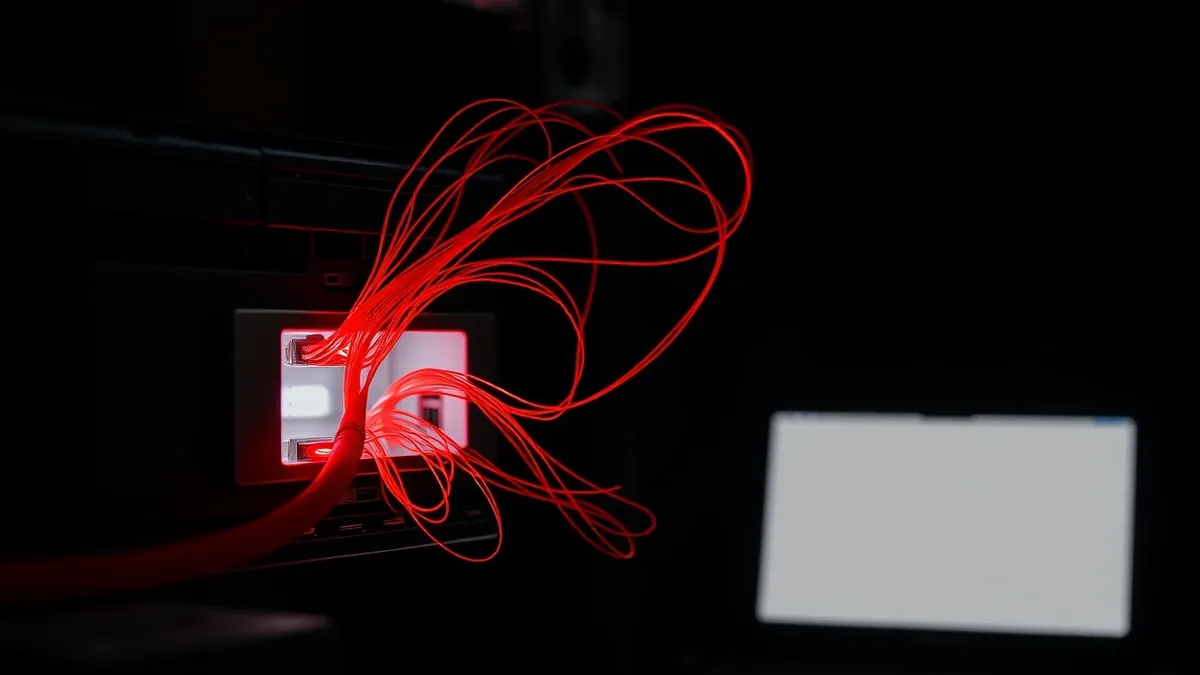 Illustration: A tangled web of glowing red threads snakes through the dark hollows of a metallic network switch, bypassing a blank security gate and slipping toward an open exit po