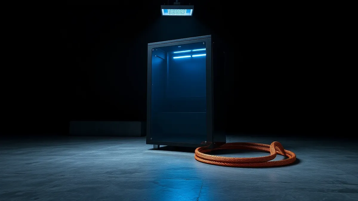 Illustration: A sleek black server tower sits on a polished concrete floor, its smooth front panel reflecting the cool blue light of a single overhead lamp.