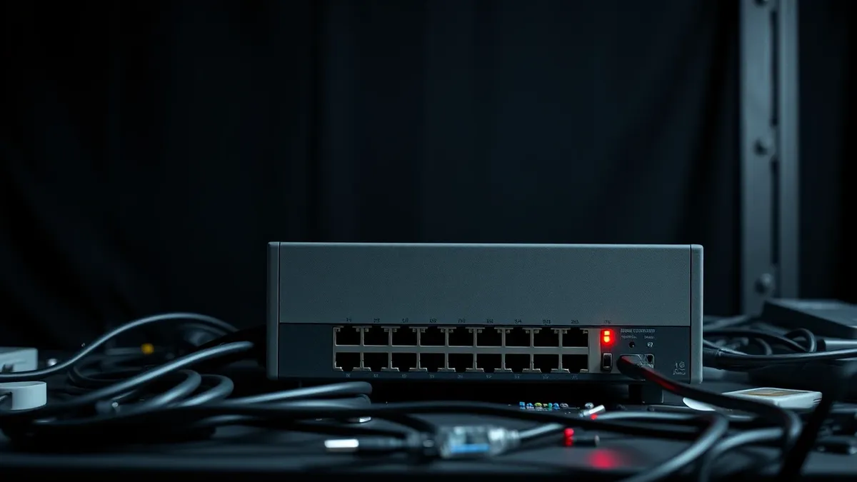 Illustration: A sleek gray network appliance sits on a cluttered server desk, its front panel displaying only abstract green and red status lights.