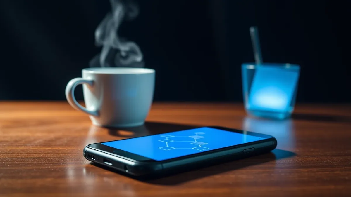 Illustration: A sleek black smartphone rests on a polished wooden desk, its screen displaying abstract geometric blocks connected by thin white lines.