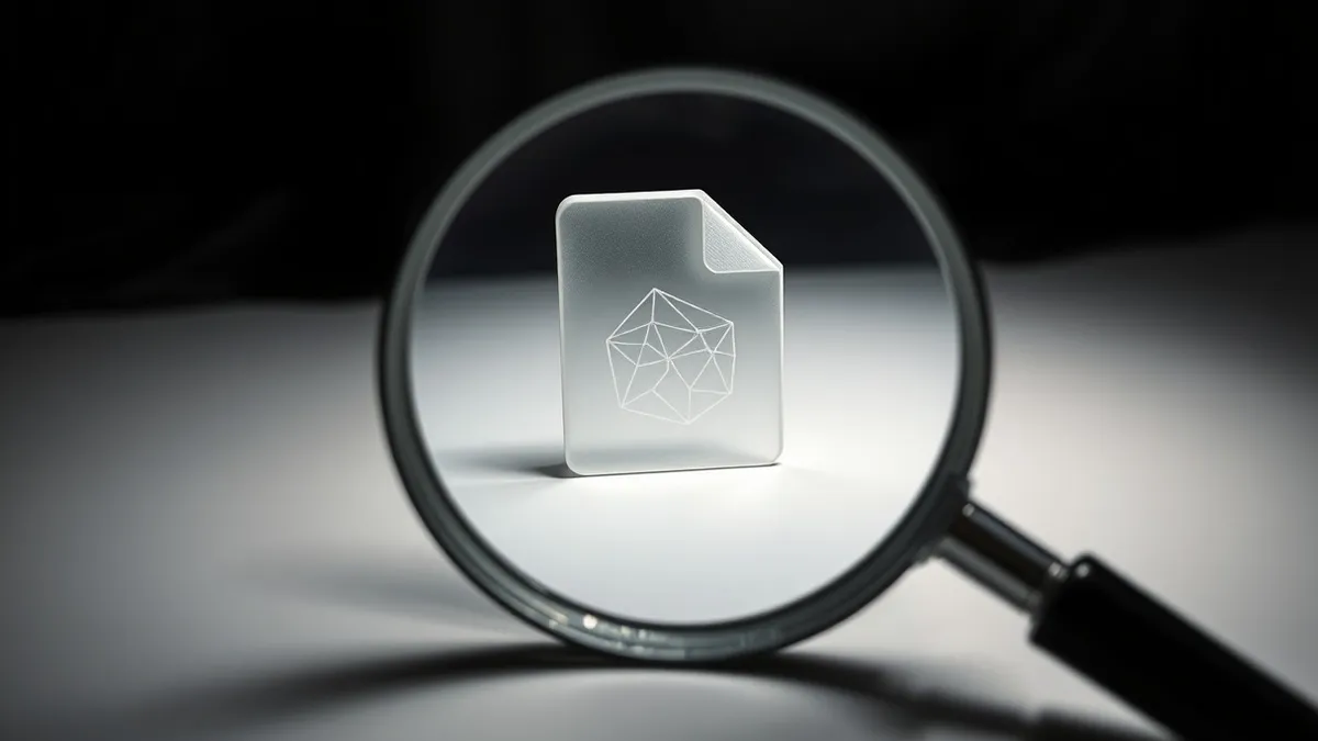 Illustration: A magnifying glass hovers over a single, isolated digital file icon resting on a clean white surface.
