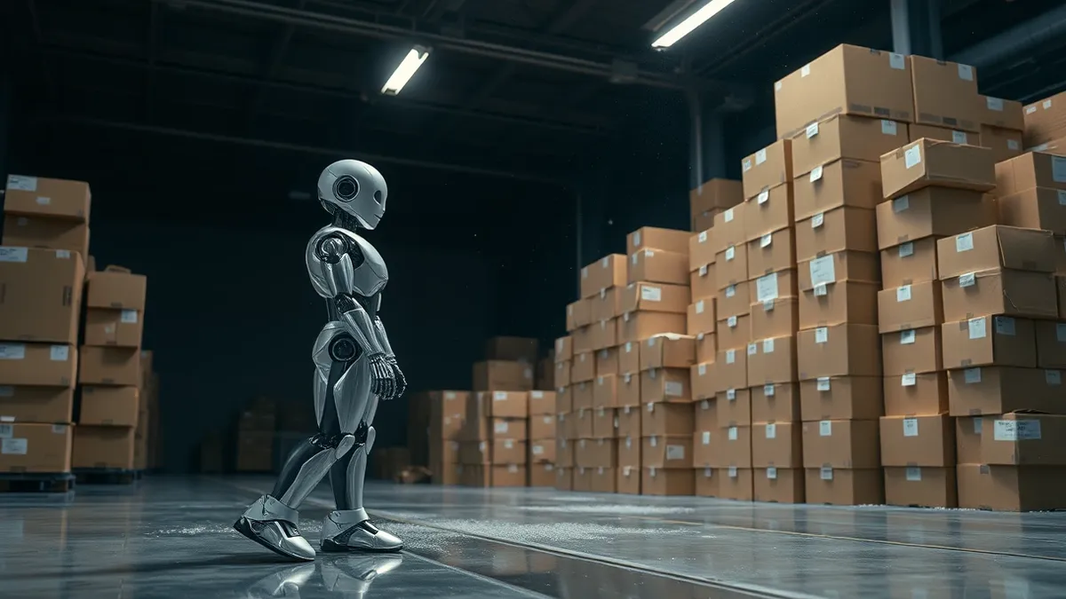 Illustration: A sleek humanoid robot stands idle on a factory floor beside a towering pile of generic cardboard boxes.