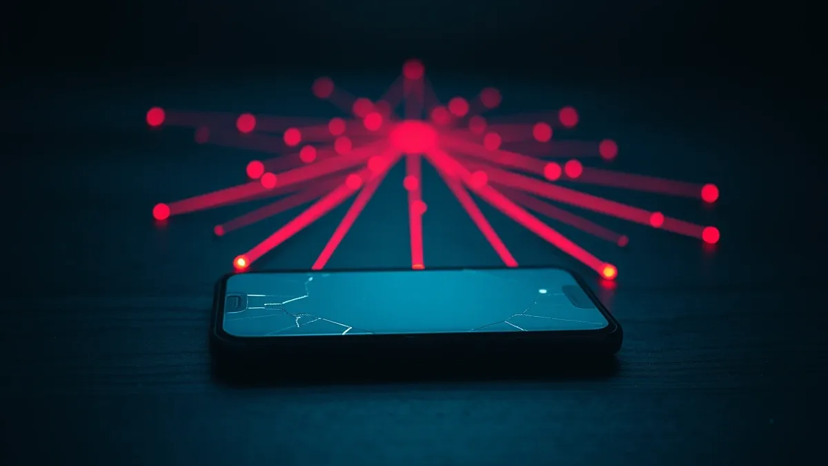 Illustration: A cracked smartphone sits on a dark wooden desk, its blank screen reflecting faint red geometric lines that pulse outward like invisible radio waves.