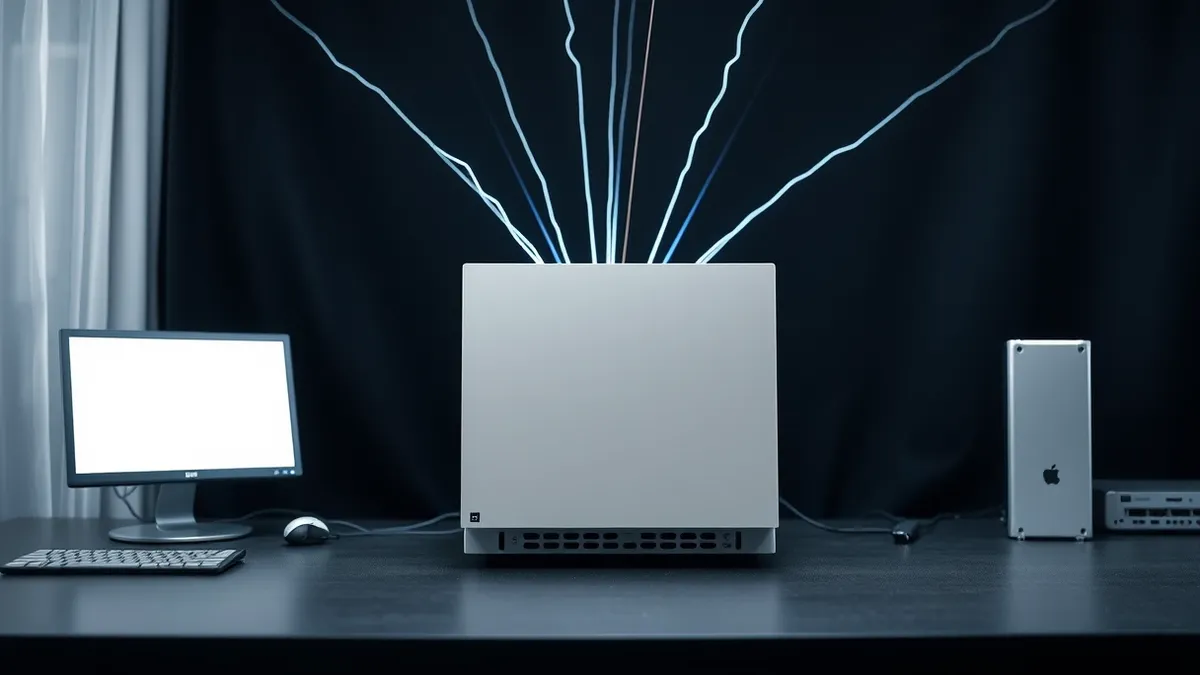Illustration: A sleek white server unit sits on a clean desk, its blank front panel reflecting soft ambient light.