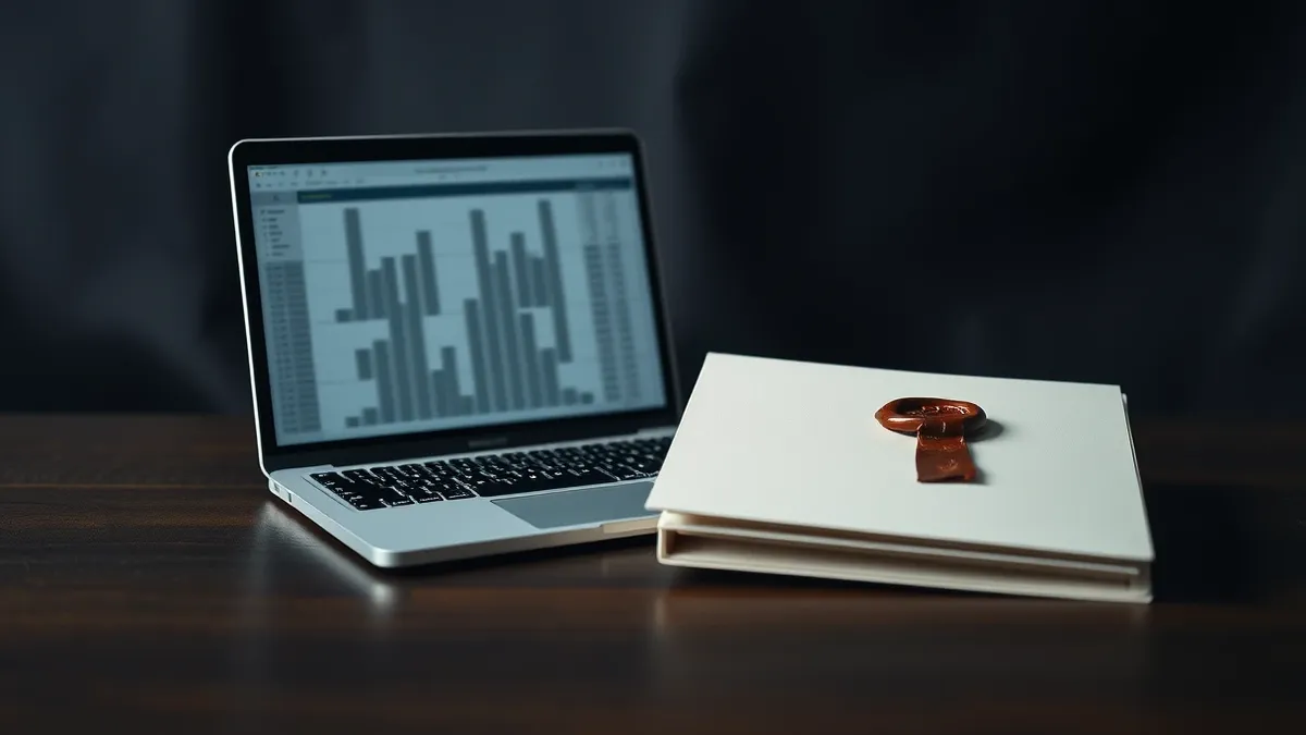 Illustration: A small office desk holds a sleek laptop displaying a spreadsheet of blurred, abstract gray bars.