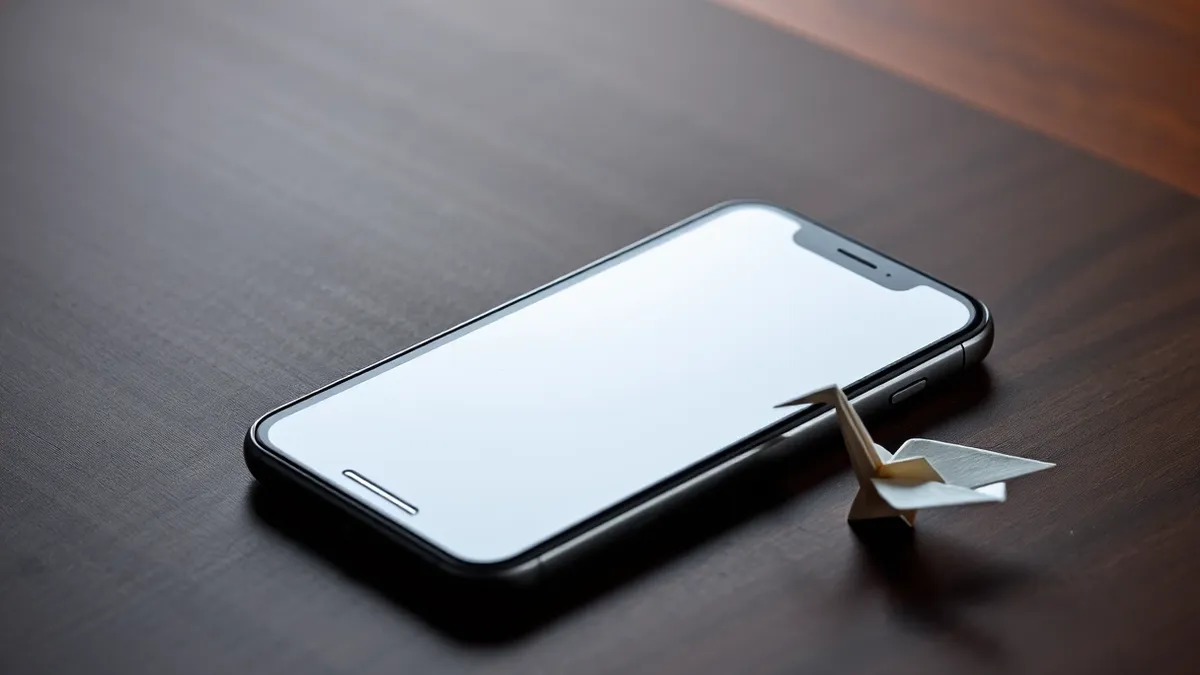 Illustration: A sleek smartphone rests on a polished wooden desk, its blank screen reflecting a single, perfectly folded origami crane.