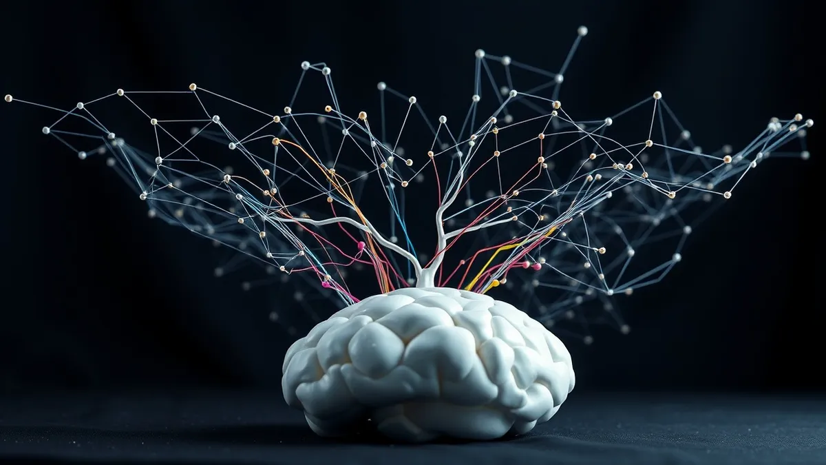 Illustration: A glowing, intricate web of interconnected nodes floats above a sterile white medical model.