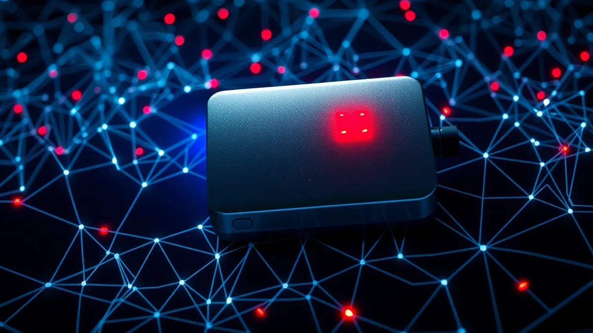 Illustration: A sleek silver testing device pulses with soft blue light while scanning a tangled mass of abstract geometric wireframes.