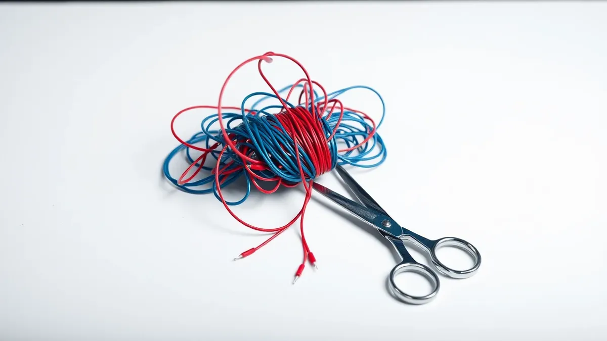 Illustration: A tangled knot of red and blue wires sits on a clean white desk.