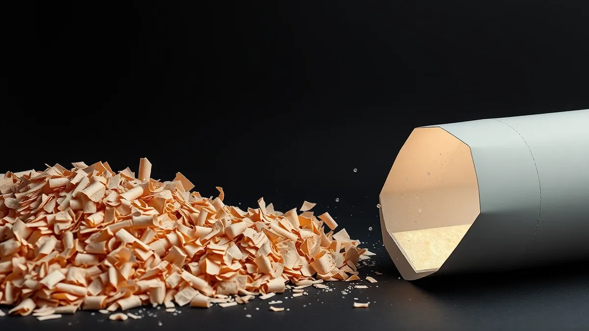 Illustration: A chaotic pile of raw paper scraps flows into a sleek geometric funnel.