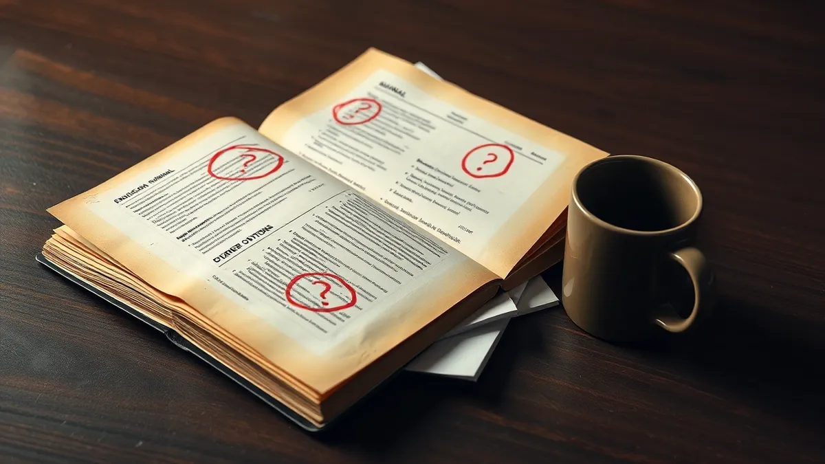 Illustration: A thick, yellowed manual lies open on a wooden desk, its pages marked with heavy red ink circles and question marks drawn in haste.