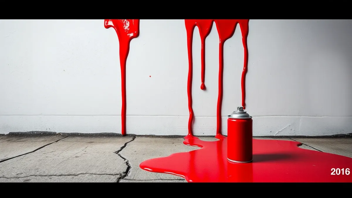 Illustration: A bright red spray paint can sits on a cracked concrete sidewalk, actively dripping vibrant crimson streaks down a blank white wall.