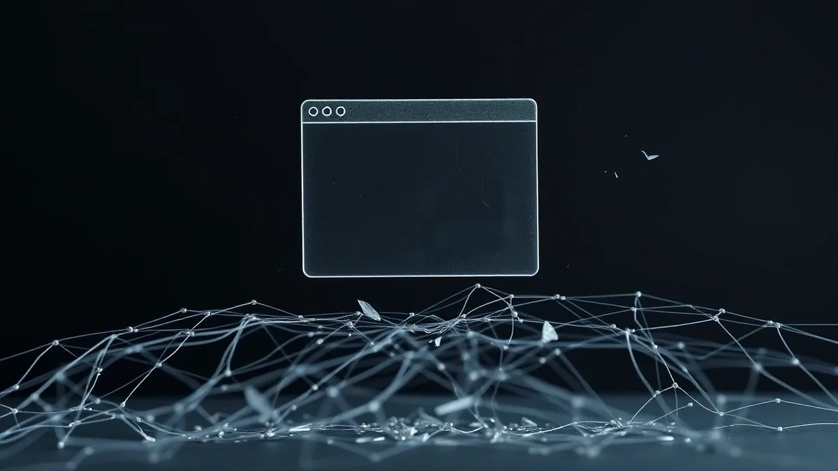 Illustration: A transparent browser window floats above a tangled web of loose threads and sharp shards.