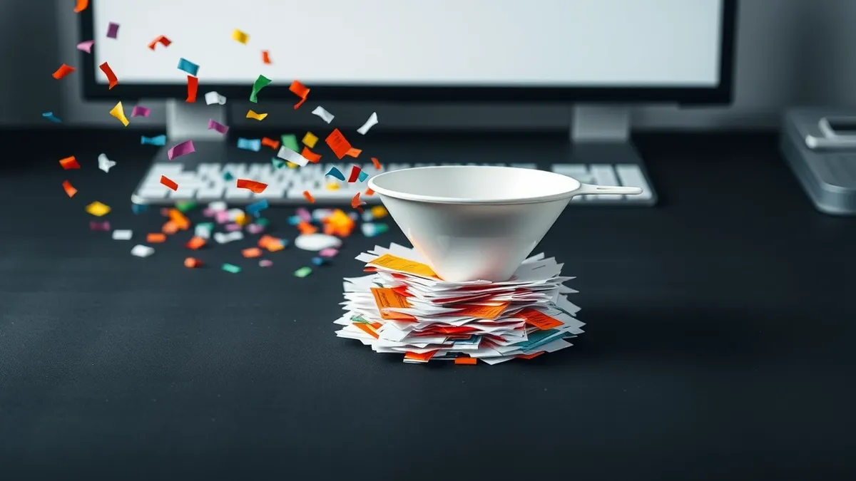 Illustration: A single white funnel sits on a clean desk, filtering a chaotic stream of colorful paper scraps into one neat stack below.