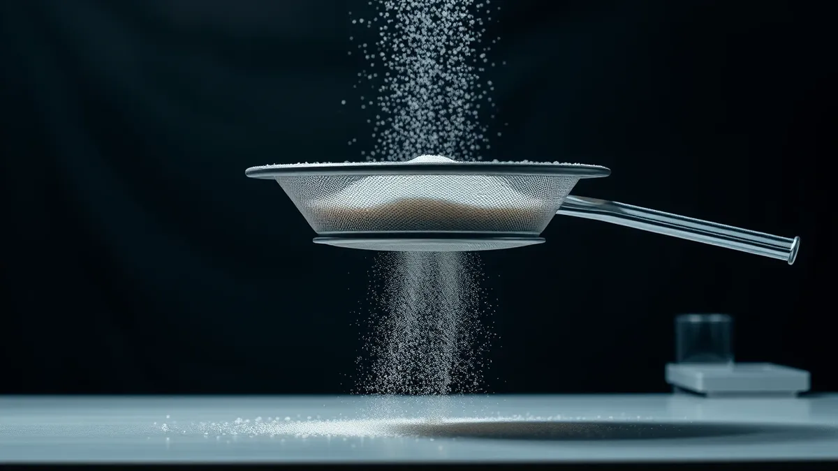Illustration: A layered sieve filters a stream of glowing particles, catching large chunks while letting fine dust pass through to a second mesh below.