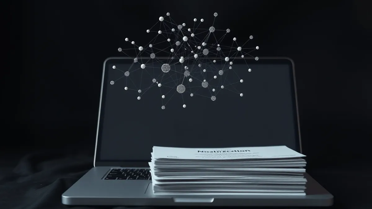 Illustration: A complex neural network diagram floats above a blank laptop screen, its tangled web of connections contrasting with a neat stack of manual instruction cards.