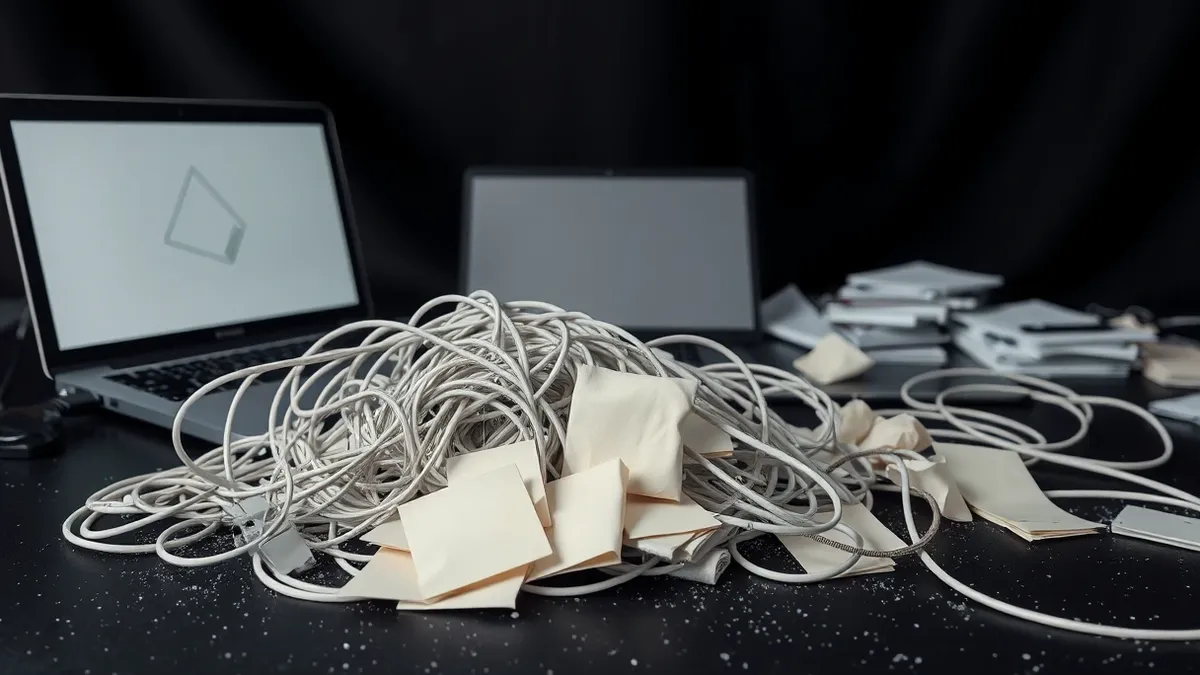 Illustration: A scattered pile of tangled white cables and crumpled blank sticky notes sits on a messy desk next to an open laptop displaying only abstract geometric shapes, symbol